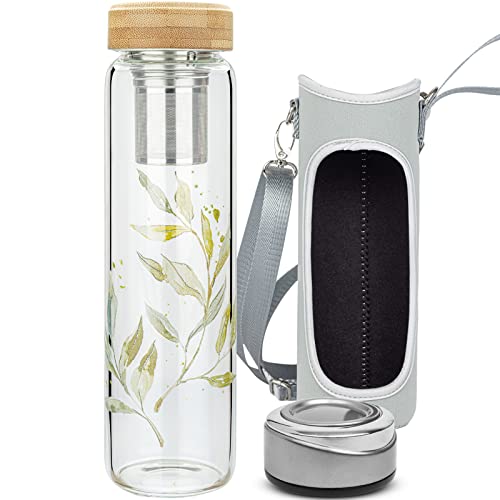 Reeho Teeflasche aus Glas mit Edelstahl Sieb, Glas Wasserflasche mit Neoprenhülle Teekanne mit Filter to go, Borosilikatglas Wasserflasche BPA-Frei 1000ml / 1 Liter von Reeho