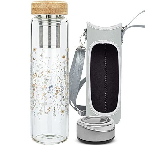 Reeho Teeflasche aus Glas mit Edelstahl Sieb, Glas Wasserflasche mit Neoprenhülle Teekanne mit Filter to go, Borosilikatglas Wasserflasche BPA-Frei 1000ml / 1 Liter von Reeho