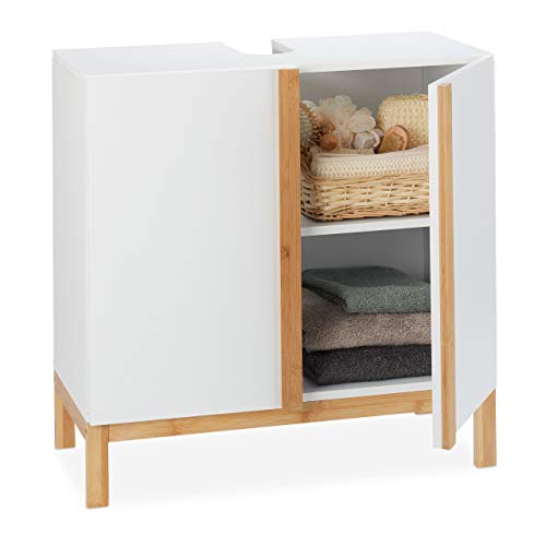 Relaxdays, Weiß Waschbeckenunterschrank, 2 Fächer, Badschrank MDF & Bambus, Waschbeckenschrank HBT 60,5x60x30,5cm, Natur von Relaxdays