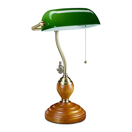 Relaxdays Bankerlampe mit Zugschalter, neigbarer Glasschirm, Holzfuß, Retro Design, E27-Fassung, Schreibtischlampe, grün, 10034424, 45 x 27 x 17 cm von Relaxdays
