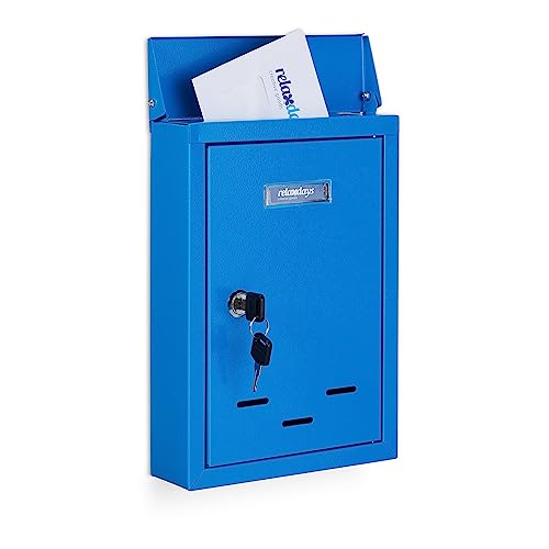 Relaxdays Letterbox with Nameplate Briefkasten mit Namensschild, aus Metall, mit 2 Schlüsseln, Postkasten schmal, HxBxT: 30,5 x 21 x 7 cm, blau, 90% Eisen 10% Kunststoff, 1 Stück von Relaxdays