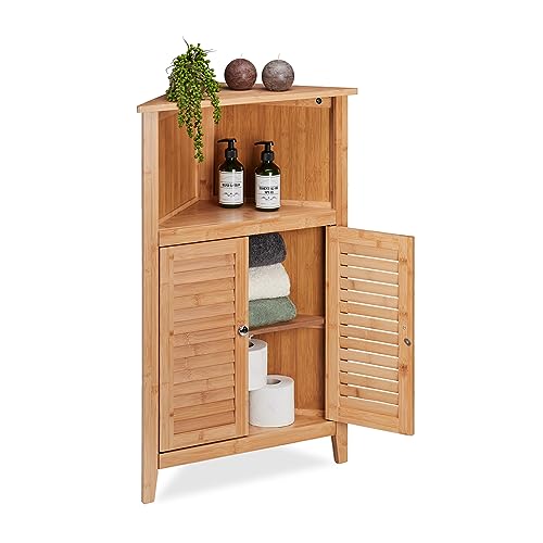 Relaxdays Eckschrank, Bambus, HxBxT: 92 x 58 x 30 cm, Badschrank mit 2 Lamellentüren, Eckkommode für Bad & Küche, Natur, Faserplatte von Relaxdays