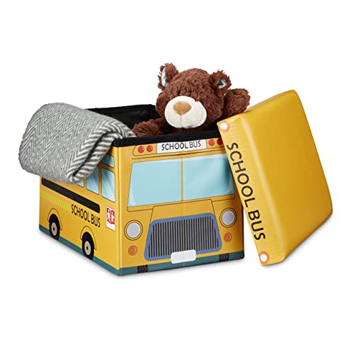 Relaxdays Faltbare Spielzeugkiste Schulbus HBT 32 x 48 x 32 cm stabiler Kinder Sitzhocker als Spielzeugbox aus Kunstleder mit Stauraum ca. 37 l und Deckel zum Abnehmen für Kinderzimmer, School-Bus von Relaxdays