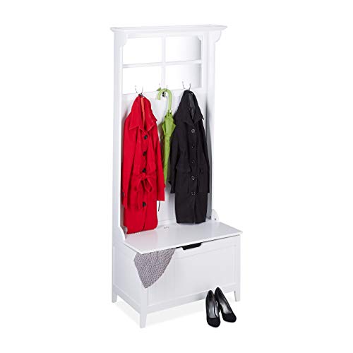 Relaxdays Garderobe Landhausstil, mit Spiegel, Sitzbank & Stauraum, 3 Haken, Flurgarderobe, HBT 186 x 81 x 44,5 cm, weiß von Relaxdays