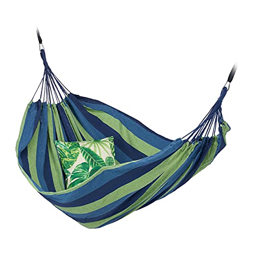 Relaxdays Hängematte Baumwolle, BxT: 150 x 190 cm, mit Befestigungsset, bis 300 kg, tragbar, Stabhängematte, blau-grün von Relaxdays