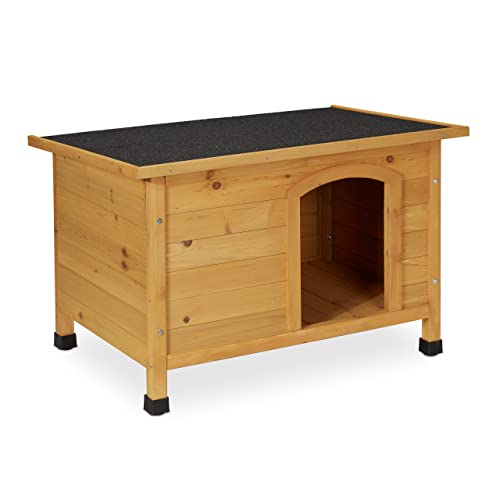 Relaxdays Hundehütte, HxBxT: 58 x 86 x 58 cm, wetterfestes Hundehaus, Holz, Dachpappe, Hundevilla Outdoor, Natur/schwarz von Relaxdays