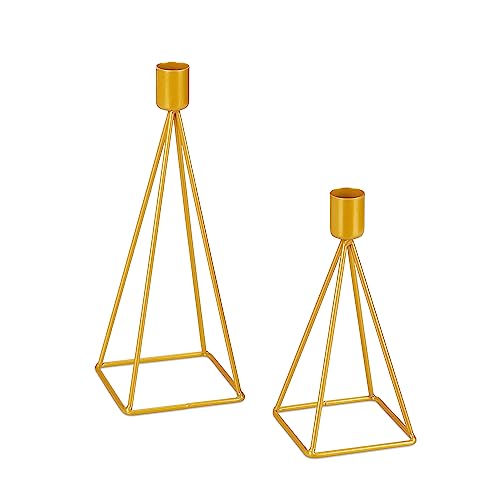 Relaxdays Kerzenständer, 2er Set, geometrisches Design, Verschiedene Größen, Stabkerzenhalter Metall, modern, Gold von Relaxdays