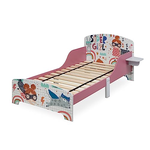 Relaxdays Kinderbett, HBT 60 x 94 x 143 cm, Kleinkindbett mit Ablage, Rausfallschutz, Lattenrost, Superheldin, MDF, bunt von Relaxdays