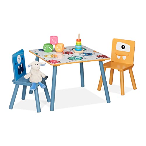Relaxdays Kindersitzgruppe, Kindertisch mit 2 Stühlen, Mädchen & Jungen, MDF & Holz, Sitzecke fürs Kinderzimmer, bunt von Relaxdays