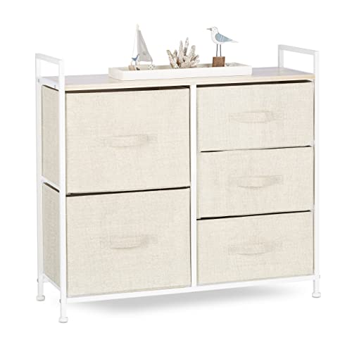 Relaxdays Regalsystem, 5 Stoff-Schubladen, universale Schubladenbox, Metall und Holz, HxBxT: 77,5 x 83 x 29 cm, beige, Design F von Relaxdays