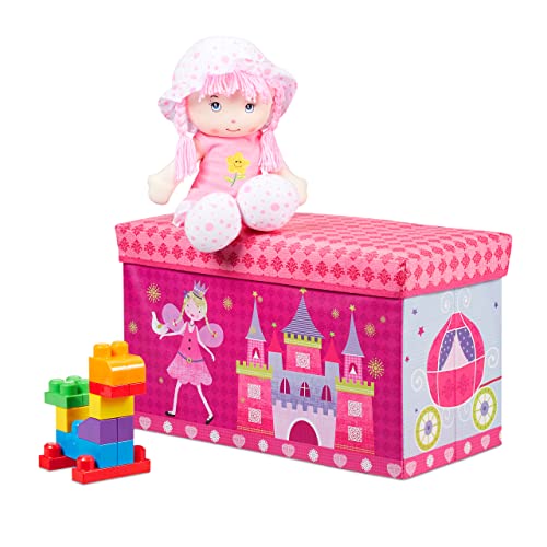 Relaxdays Sitzbox Kinder, Faltbare Aufbewahrungsbox mit Stauraum, Deckel, Prinzessin & Fee, 50 Liter, platzsparend, pink von Relaxdays