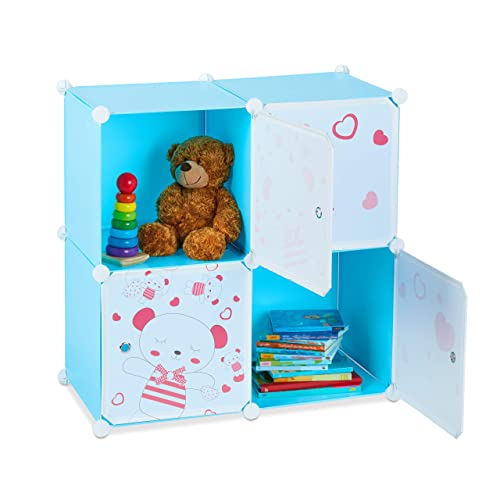 Relaxdays Spielregal für Kinder, Teddybär Motiv, 4 Fächer, Erweiterbar, DIY Steckregal, HBT: 75 x 75 x 36,5 cm cm, blau von Relaxdays