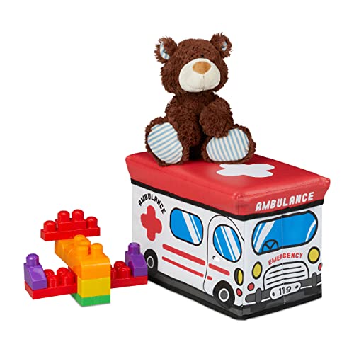 Relaxdays Spielzeugkiste faltbar, Krankenwagen, Aufbewahrungsbox m. Stauraum & Deckel, gepolstert, HBT 27x40x25 cm, weiß, 1 Stück von Relaxdays
