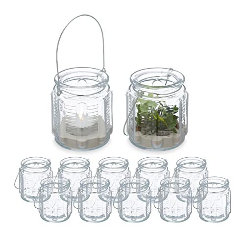 Relaxdays Windlicht, 12er Set, Glas, mit Henkel, innen & außen, Deko Teelichthalter, HxD: 9 x 8,5 cm, transparent/Silber, x 8,5 c von Relaxdays