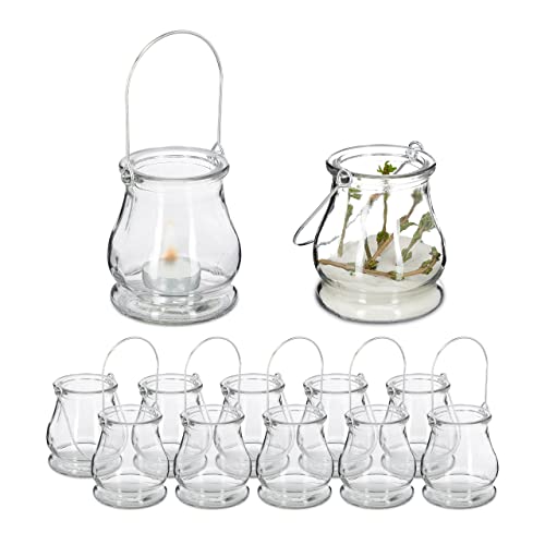 Relaxdays Windlicht, 12er Set, aus Glas, Henkel zum Aufhängen, innen & außen, Teelichthalter, HxD 10x8,5 cm, transparent von Relaxdays