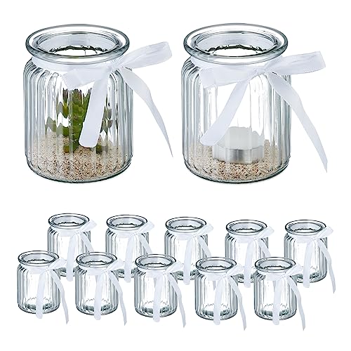 Relaxdays Windlicht, 12er Set, aus Glas, Teelichtgläser mit Schleife, innen & außen, Teelichthalter Deko, transparent von Relaxdays