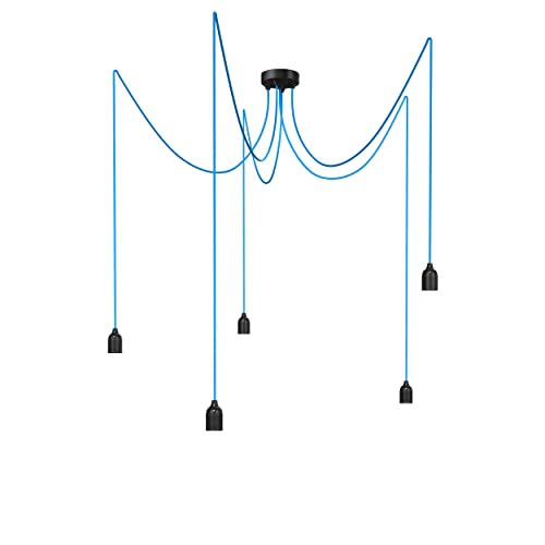 Relight Pendelleuchte 5-flammig Kraken (höhenverstellbar), E27 Lampenfassungen aus Bakelit, 5x 3 Meter Textilkabel Blau von Relight