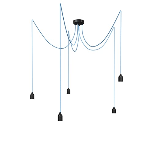 Relight Pendelleuchte 5-flammig Kraken (höhenverstellbar), E27 Lampenfassungen aus Bakelit, 5x 3 Meter Textilkabel Hellblau von Relight