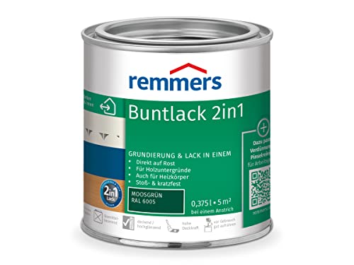 Remmers Buntlack 2in1 moosgrün (RAL 6005), 0,375 Liter, Buntlack für Holz, Eisen, Stahl, inkl. Grundierung und Rostschutz, innen und außen von Remmers