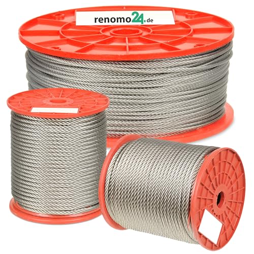 Renomo24 Drahtseil Edelstahl 1mm - 8mm INOX Stahlseil V4A Rostfrei Seil AISI 316 Edelstahlseil (100m, 2mm) von Renomo24