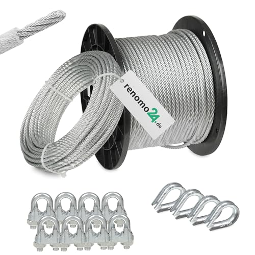 Renomo24 Drahtseil Set 2 - Stahlseil 20m 6mm 6x7 verzinkt und ummantelt, 8x Bügelklemmen, 4x Kauschen von Renomo24