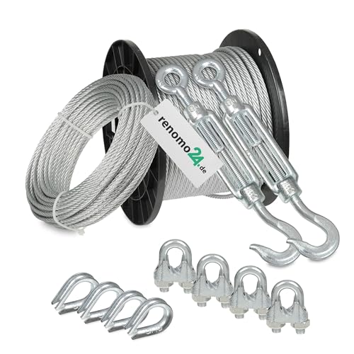 Renomo24 Drahtseil Set 4 - Stahlseil 10m 4mm 6x7 verzinkt, 2x Spannschloss Haken/Öse, 4x Bügelklemmen, 4x Kauschen von Renomo24