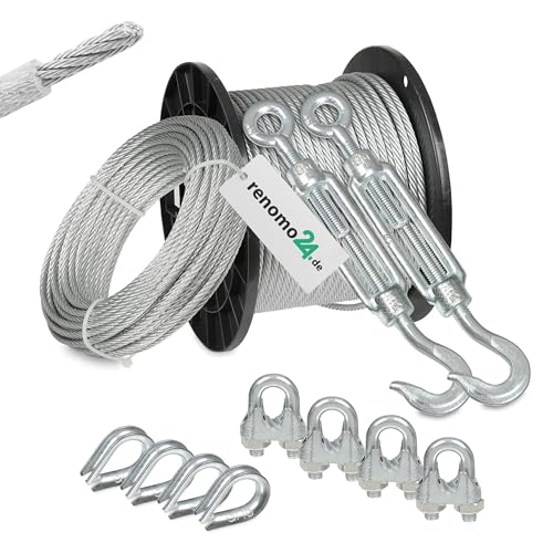 Renomo24 Drahtseil Set 4 - Stahlseil 10m 5mm 6x7 verzinkt und ummantelt, 2x Spannschloss Haken/Öse, 4x Bügelklemmen, 4x Kauschen von Renomo24