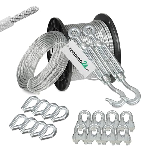 Renomo24 Drahtseil Set 5 - Stahlseil 20m 4mm 6x7 verzinkt und ummantelt, 2x Spannschloss Haken/Öse, 8x Bügelklemmen, 8x Kauschen, 176517535 von Renomo24