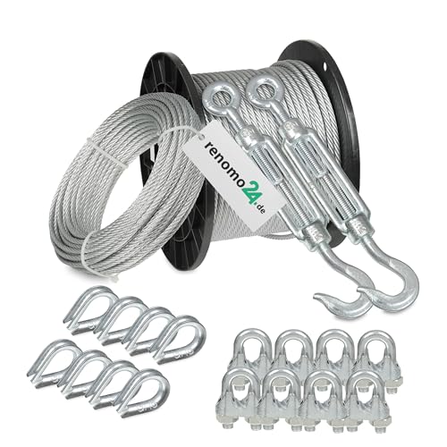 Renomo24 Drahtseil Set 5 - Stahlseil 20m 5mm 6x7 verzinkt, 2x Spannschloss Haken/Öse, 8x Bügelklemmen, 8x Kauschen von Renomo24