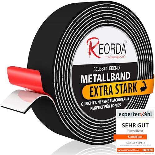 REORDA Metallband selbstklebend Schwarz - Ideal für Tonies®-Figuren & -Regale - Magnetband für Magnete I Ferroband I Magnetband selbstklebend I Eisenband (10m) von Reorda