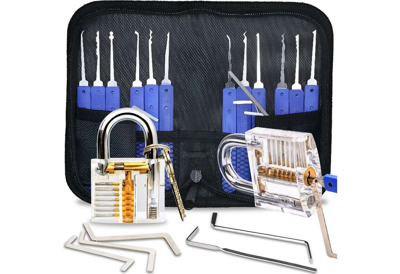 Retoo Türöffner 17-tlg Lockpicking Set Dietrich Set Transparentes Vorhängeschloss, 17-teiliges Dietrich-Set, 12 Dietriche, 5 Drehmomentschlüssel, Vorhängeschloss, Toolkit Knacken, Vielseitigkeit, Präzision und Effizienz, Rutschfeste Griffe von Retoo