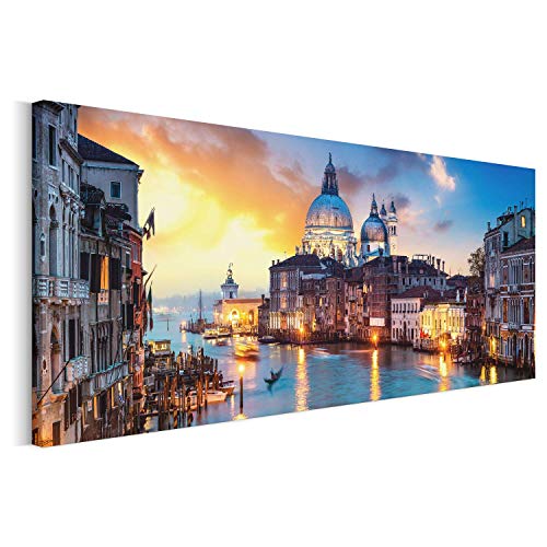 Revolio 150x60 cm Panorama Bilder Leinwandbild Wandbilder Wohnzimmer Modern Kunstdruck Design Wanddekoration Deko Bild auf Leinwand 1 Teilig - Venedig Gondel die Architektur Gelb Grau von Revolio