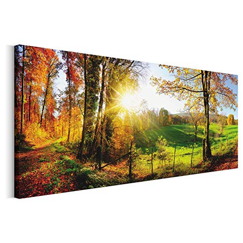 Revolio 150x60 cm Panorama Bilder Leinwandbild Wandbilder Wohnzimmer Modern Kunstdruck Design Wanddekoration Deko Bild auf Leinwand 1 Teilig - Waldsonne Natur grün orange von Revolio