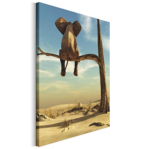 Revolio 40x50 cm Leinwandbild Wandbilder Wohnzimmer Modern Kunstdruck Design Wanddekoration Deko Bild auf Leinwand Bilder 1 Teilig - Elefant Wüste Baum braun blau von Revolio