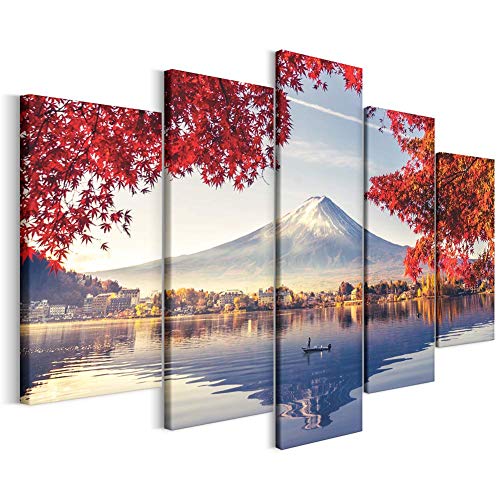 Revolio Leinwandbild Wandbilder Wohnzimmer Modern Kunstdruck Wanddekoration Deko Mehrteilige Leinwand Bilder 5 Teilig TYP A, 150 x 100 cm - Bäume See Berg Fuji rot Blau von Revolio