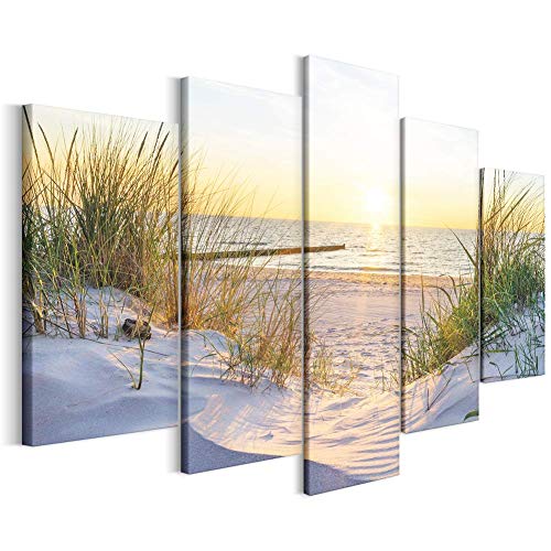 Revolio Leinwandbild Wandbilder Wohnzimmer Modern Kunstdruck Wanddekoration Deko Mehrteilige Leinwand Bilder 5 Teilig TYP A, 150 x 100 cm - Strand Gras Meer Beige Grün von Revolio