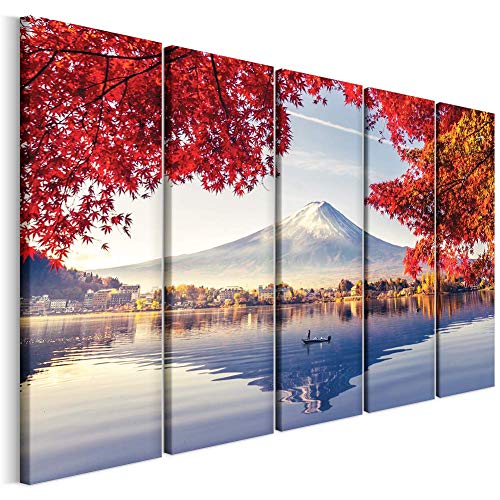 Revolio Leinwandbild Wandbilder Wohnzimmer Modern Kunstdruck Wanddekoration Deko Mehrteilige Leinwand Bilder 5 Teilig TYP C, 200 x 100 cm - Bäume See Berg Fuji rot Blau von Revolio