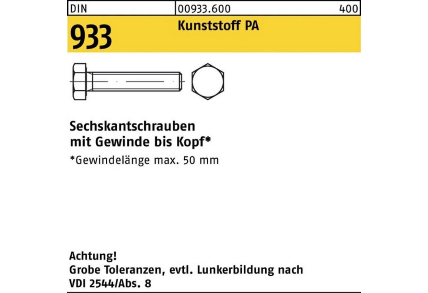 Reyher Sechskantschraube 200er Pack Sechskantschraube DIN 933 VG M10x 25 Polyamid natur 200 St von Reyher