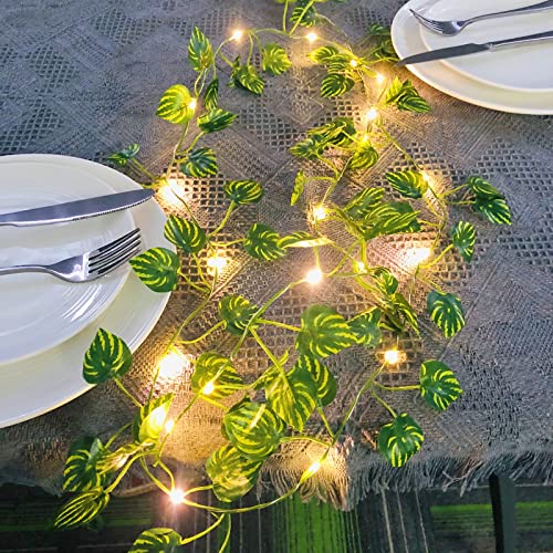 Künstlicher Wassermelonenblätter Hinterlässt 100LED-Lichterkette Hängende Rebe Girlande Efeu Kranz Gefälschte Efeu Pflanze für Büro Party Garten Dekoration (10m/100 Lichter, Wassermelonenblätter) von Riaxuebiy