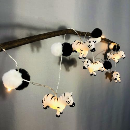 Riaxuebiy 1,65 m 10 LEDs Zebra Pompons Lichterkette, Zebra Nachtlicht für Kinderzimmer Weihnachts Camping Hochzeit Geburtstagsgeschenk Dekoration (Batteriebetrieben) von Riaxuebiy