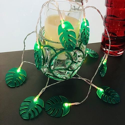 Riaxuebiy Blatt-Lichterkette,10 LEDs 1,65 m Grüne Monstera-Blatt-Lichterkette,Batteriebetrieben,Sommer Dschungel-Schlafzimmer Dekoration Palmenblätter Lichter von Riaxuebiy