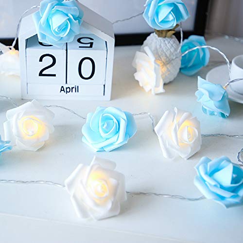 Riaxuebiy Rose Lichterkette Batteriebetriebene LED Rose Lichterketten für Schlafzimmer Hochzeit Geburtstag Familienfeier Garten Indoor Outdoor Dekoration (3m/30LED, Weiß+Blau) von Riaxuebiy