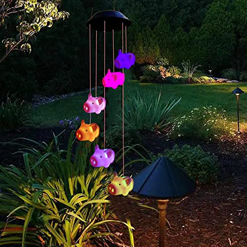 Solar Schwein Windspiele Draußen Dekor Lamp,Farbveränderung Wasserdicht LED Hängelampen Windspiel,Pig Lichterkette für Patio Garden Yard Home Decoration (Rosa Schweinchen) von Riaxuebiy