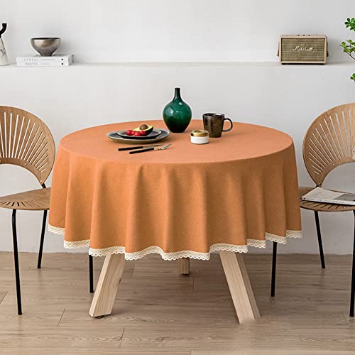 Ricemru Leinenoptik Tischdecke Abwaschbar Rund 120cm Orange mit Häkelkante Tischtuch Gartentisch Landhaus Elegant Tafeltuch Balkon Draussen Outdoor von Ricemru