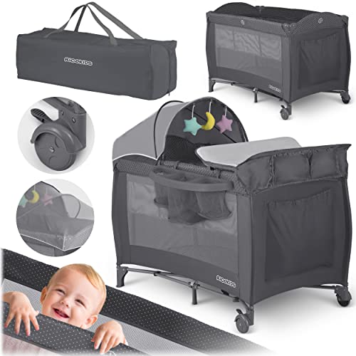 Ricokids Reisebett Kleinkinderbett, tragbar, Laufgitter, Himmel, Zwei Stufen der Matratzenhöhe, 125x65x78cm, 15 kg Belastbarkeit, faltbar, 2 Räder mit Bremsen, Abnehmbarer Seiteneingang, Tasche von Ricokids