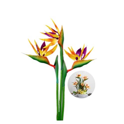 Große Paradiesvogel, 81.3 cm, permanente Blume, UV-beständig, kein Verblassen, Blumenteil ist aus weichem Gummi PU, künstliche Blumenpflanzen für Home Office, orange-rot (gelb), 3 Stück von Rikyo