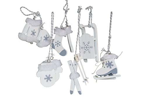 RiloStore 6 TLG Set Christbaumschmuck Weiss Holz Schlittschuhe Ski Schlitten OTH Baumschmuck Nostalgie Alpen Winter Chirstbaumdeko Hänger Holzdeko von RiloStore