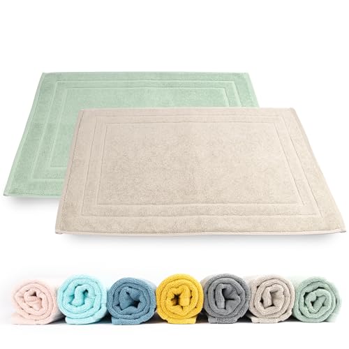 Rinsl Badematte Doppelpack | Badvorleger 100% Baumwolle Frottee | 2-TLG. Set Duschvorleger Set Schnelltrocknend Absorbierend Waschbar (grün - Taupe, 50 x 70 cm 2er Pack) von Rinsl