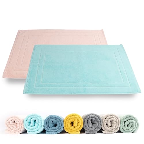 Rinsl Badematte Doppelpack | Badvorleger 100% Baumwolle Frottee | 2-TLG. Set Duschvorleger Set Schnelltrocknend Absorbierend Waschbar (rosa - Aqua blau, 50 x 70 cm 2er Pack) von Rinsl