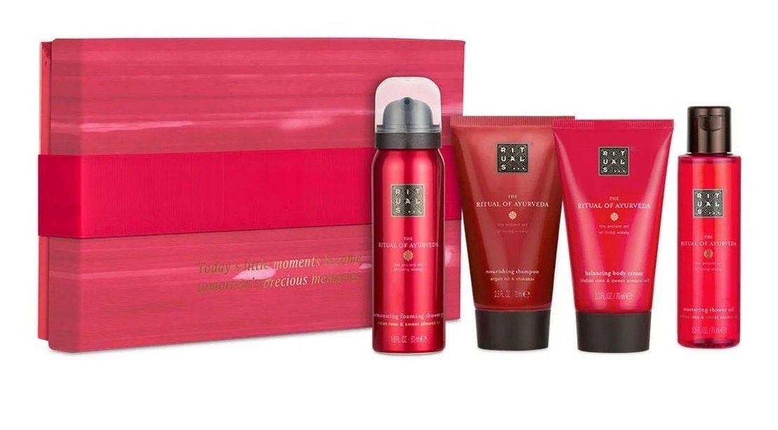 Rituals Wellness-Pflegeset The Ritual of AYURVEDA Geschenkset Klein Frauen & Männer Beauty Set, angenehmer Duft, Dusche, Raumduft, Körperpflege, 4-tlg., Duftstäbchen, Duschschaum, Körpercreme, Peeling, Geschenkbox, Damen Wellness Set, Pflege ideal als Geschenk für Frau von Rituals